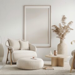 A cozy living room with a cream armchair. ottoman. and a wooden coffee table There s a large framed print on the wall. a vase with dried flowers. and a rug on the floor