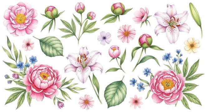 ping colored flowers with yellow pistils and also purple colored flowers