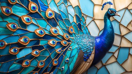 Magnificent peacock displaying vibrant blue and green feathers with eye spots
