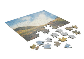 A partially completed jigsaw puzzle depicting a scenic landscape