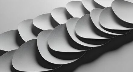 Abstract arrangement of overlapping, rounded, triangular shapes in shades of gray, creating a textured, rhythmic pattern.