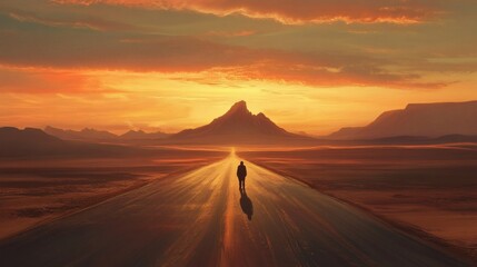 A solitary figure walks a desert highway at sunrise.