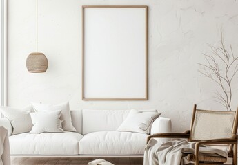 Minimalist living room interior with a white sofa. armchair. and a large empty frame on a white wall