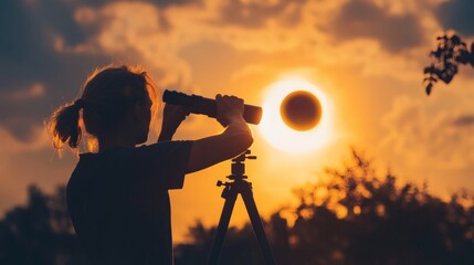 Silhouette of a person observing a solar eclipse through binoculars at sunset.