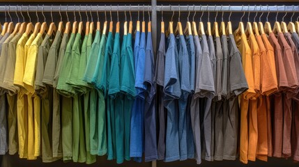 A clothing rack displays a spectrum of short-sleeved t-shirts in various colors, neatly arranged on wooden hangers, showcasing a rainbow of hues from yellow to deep orange