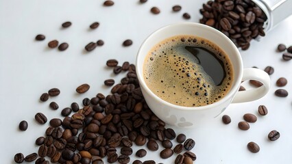 Obraz premium Aromatic Black Coffee in a White Cup Surrounded by Roasted Coffee Beans on White Surface