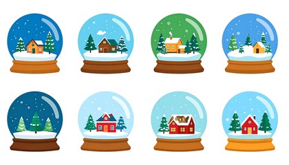 Eight snow globes with snowy winter village scenes