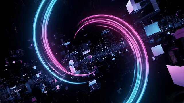 Futuristic abstract digital art with neon light rings and cubes