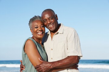 Happy senior african american couple embracing on beach enjoying retirement lifestyle