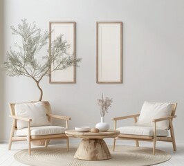 Minimalist living room interior with two armchairs. a coffee table. a plant. and two empty frames