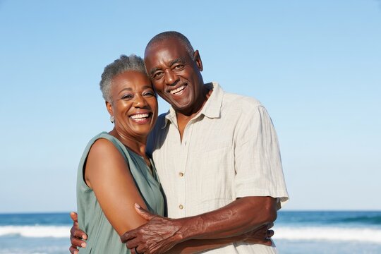 Happy senior african american couple embracing on beach enjoying retirement lifestyle