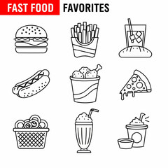 fast food icons showing burgers, fries, pizza, soda, milkshakes, and more