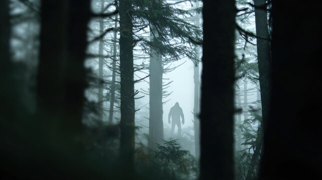 Foggy forest with eerie Bigfoot silhouette hiding among trees