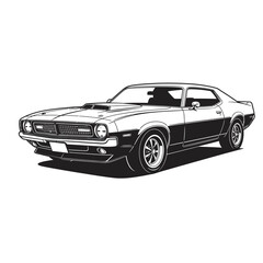 Fototapeta premium Classic Muscle Car Illustration: Black and White Vintage Coupe with Supercharger, Bold Lines, Retro Style, Powerful and Nostalgic Mood, Ideal for Automotive, Speed, and Power Themes.