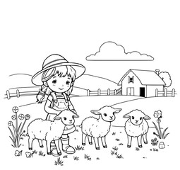 Naklejka premium Farm Girl with Lambs: A charming black and white line art illustration of a happy girl in overalls and hat tending to three adorable lambs in a picturesque farm setting.