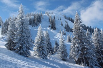 Pine and fir trees blanketed in snow on a hillside at a winter ski resort under a clear blue sky