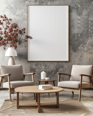 A minimalist living room with two armchairs. a coffee table. and a large empty frame on the wall