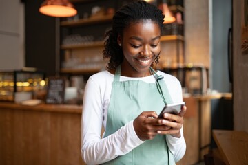 Young african american barista using mobile phone at cafe for online order management