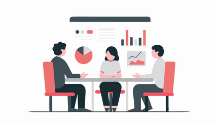 Illustration of three people in a meeting with charts and graphs on a screen behind them at a table