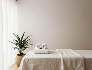 Calming massage room interior with neatly arranged table, green potted plant, soft natural light, clean white linens, rolled towels, and wooden accents in a serene spa setting.