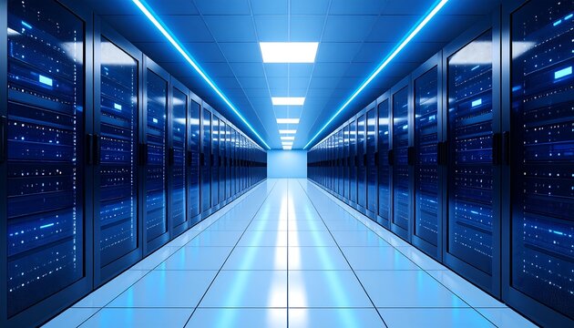 Server room hallway with blue lighting