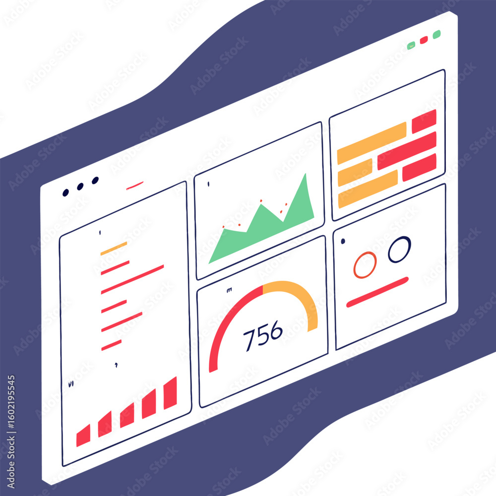 Poster isometric dashboard interface with charts graphs and data visualizations for business analytics and 