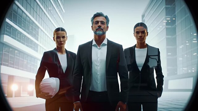 Confident Team of Construction Professionals in Suits Stand in Cityscape with Skyscrapers and Architectural Plans Visible Through a Circular Viewfinder