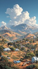 Obraz premium Scenic Rural Landscape with Wind Turbines and Mountains in Background