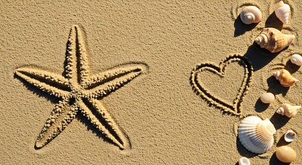 A starfish imprint and a heart drawn in the sand with seashells scattered nearby