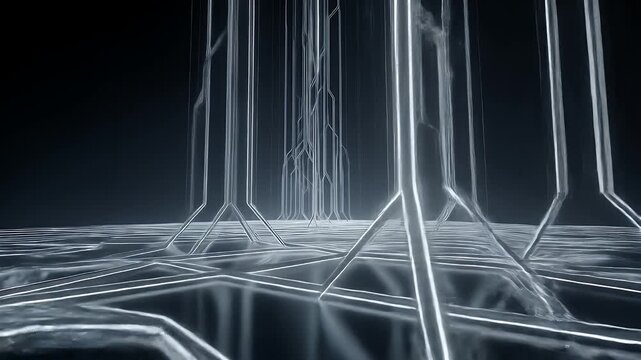 Futuristic digital circuit board with glowing white lines on black background