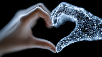 Hands joining together forming heart shape with futuristic digital connection
