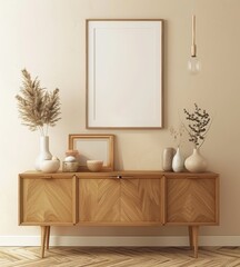 A wooden console table with a framed poster. vases and decorative items against a beige wall
