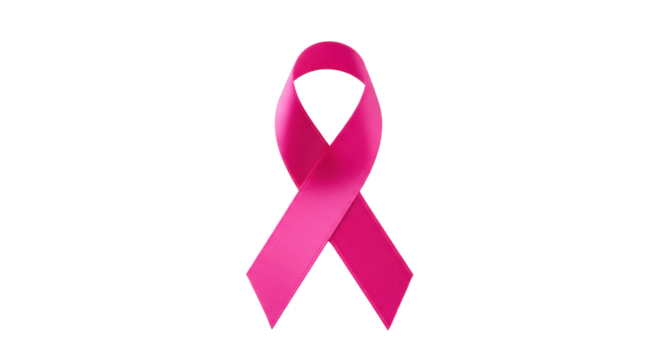 A single, pristine magenta pink satin awareness ribbon, meticulously formed and presented in ultra-realistic product photography, viewed from top-down on a transparent background with diffused light - Powered by Adobe