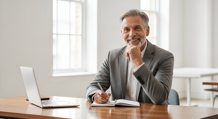 Obraz premium Confident mature businessman smiling, writing notes at his desk, laptop nearby.