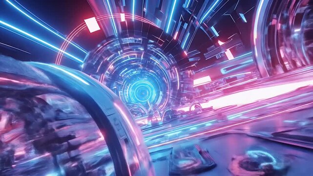 Futuristic neon tunnel with glowing circular patterns and metallic structures