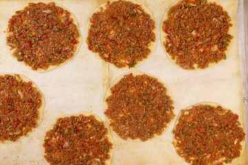 Lahmacun Is Traditional Turkish Pizza With Minced Lamb Meat On A Flat Bread. 