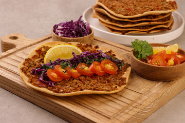 Lahmacun Is Traditional Turkish Pizza With Minced Lamb Meat On A Flat Bread. 