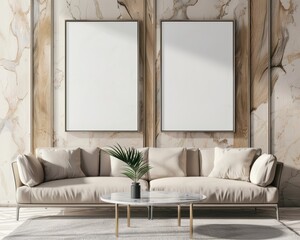 Two blank frames mockup hanging on a wall with beige couch. coffee table and plant