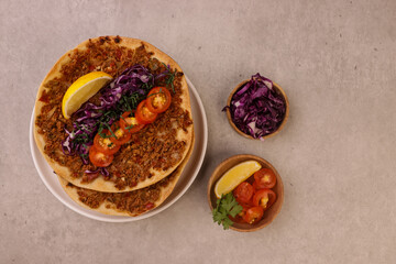 Lahmacun Is Traditional Turkish Pizza With Minced Lamb Meat On A Flat Bread. 