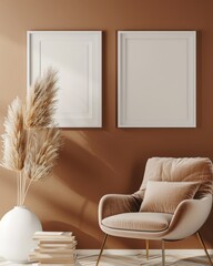 A cozy living room interior with a plush armchair. pampas grass. and two blank frames on a brown wall