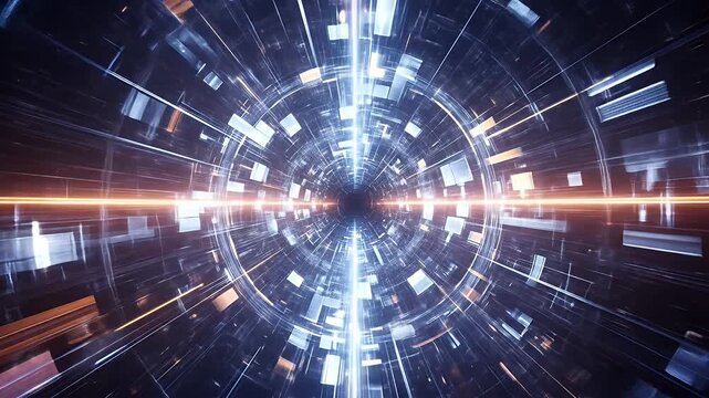 Futuristic tunnel with glowing light and geometric patterns