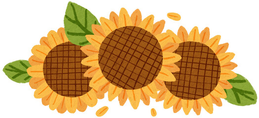 Vibrant crayon-style illustration of three overlapping sunflowers with large brown centers, yellow petals, green leaves, and scattered seeds. Ideal for seasonal decor, kids' crafts, or floral designs.