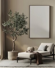 A cozy living room with a chaise lounge. a potted plant. a throw blanket. and a large blank canvas leaning against the wall