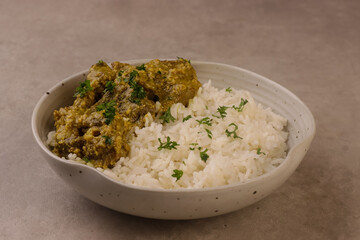 Lamb Korma is Lamb or Mutton with a Sauce Made From Yoghurt  and Almonds, Served with Rice. 