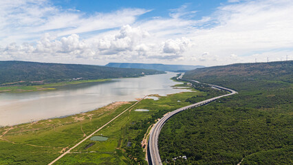 Drone shot The M6 motorway Nakhon Ratchasima Province - Bang Pa-in Lam Ta Khong River and Mountain....