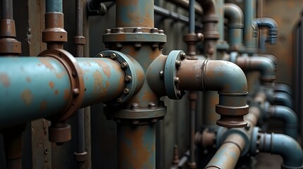 Rust-Colored Pipes and Star Valve in Factory Setting
Industrial pipe system with oxidation and patina accents. Star-shaped valve at center. 
