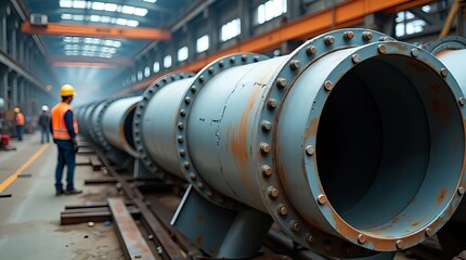 High-Resolution Image of Pipework and Construction Activity. Foreground pipes show wear and rust, with distant factory workers in bright gear adding industrial energy to a light-filled warehouse.