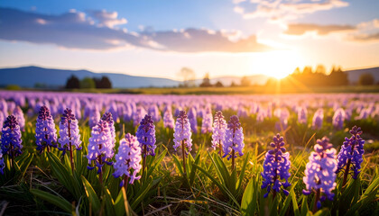 Sunset Hyacinth Field with Spring Meadow.