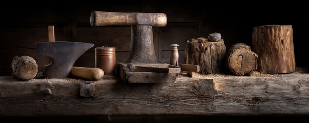 Crafting tools display woodworking shop still life rustic environment close-up view artisan concept