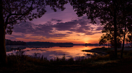 Obraz premium Golden Hour Symphony: Embracing the Splendor and Serenity of Nature's Twilight Canvas Over Tranquil Waters Under a Majestic Yellow Sunset